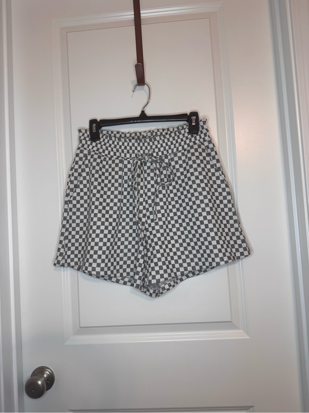 Annie Checkerboard High-Waist Drawstring Shorts - Black & White